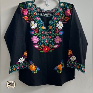 Elegant black top with floral embroidery, handmade, made in Mexico peasant style